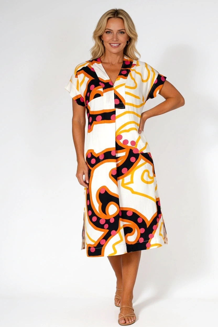 Marianne Linen Blend Dress Vibrant Abstract Print