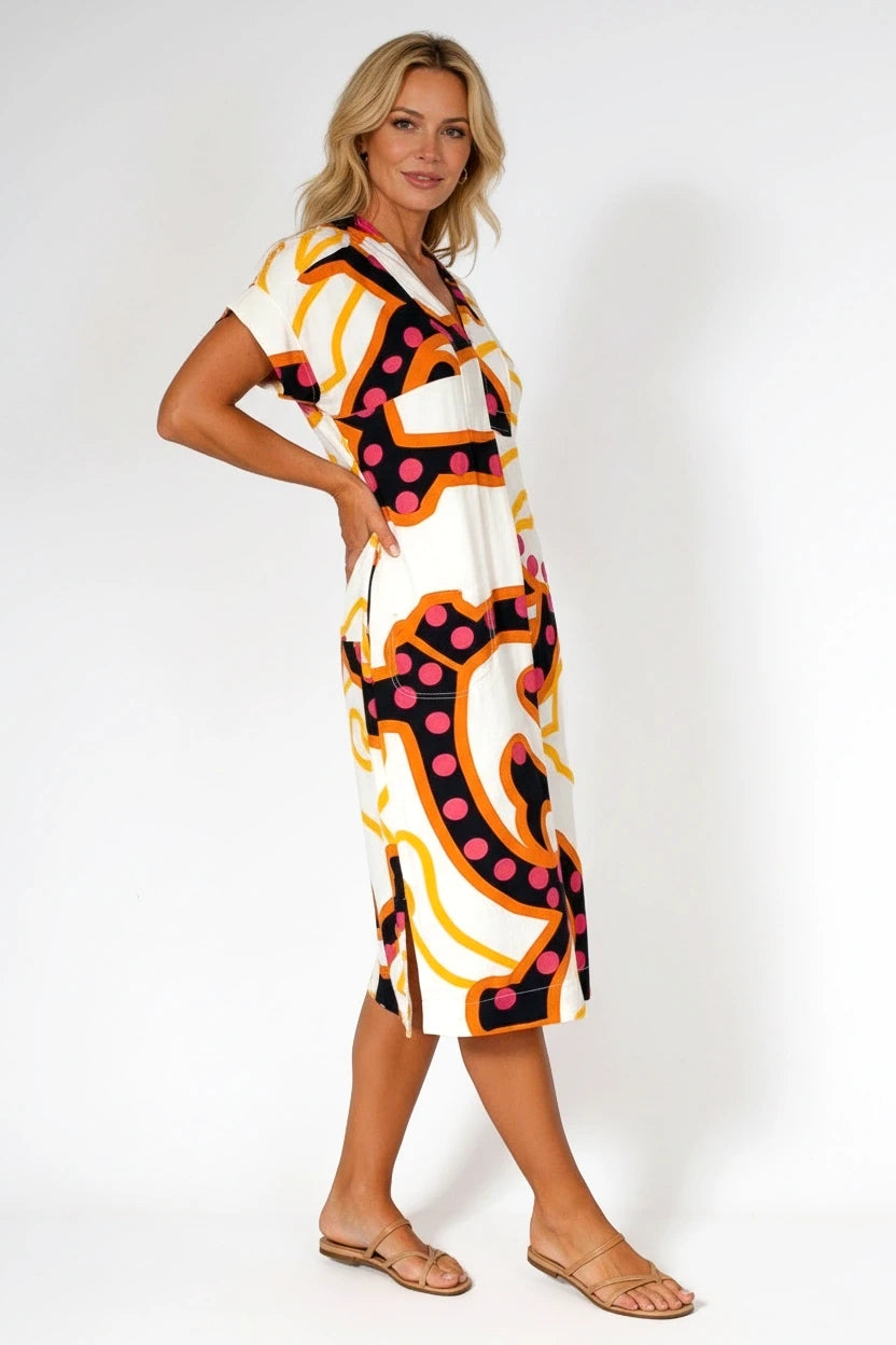 Marianne Linen Blend Dress Vibrant Abstract Print