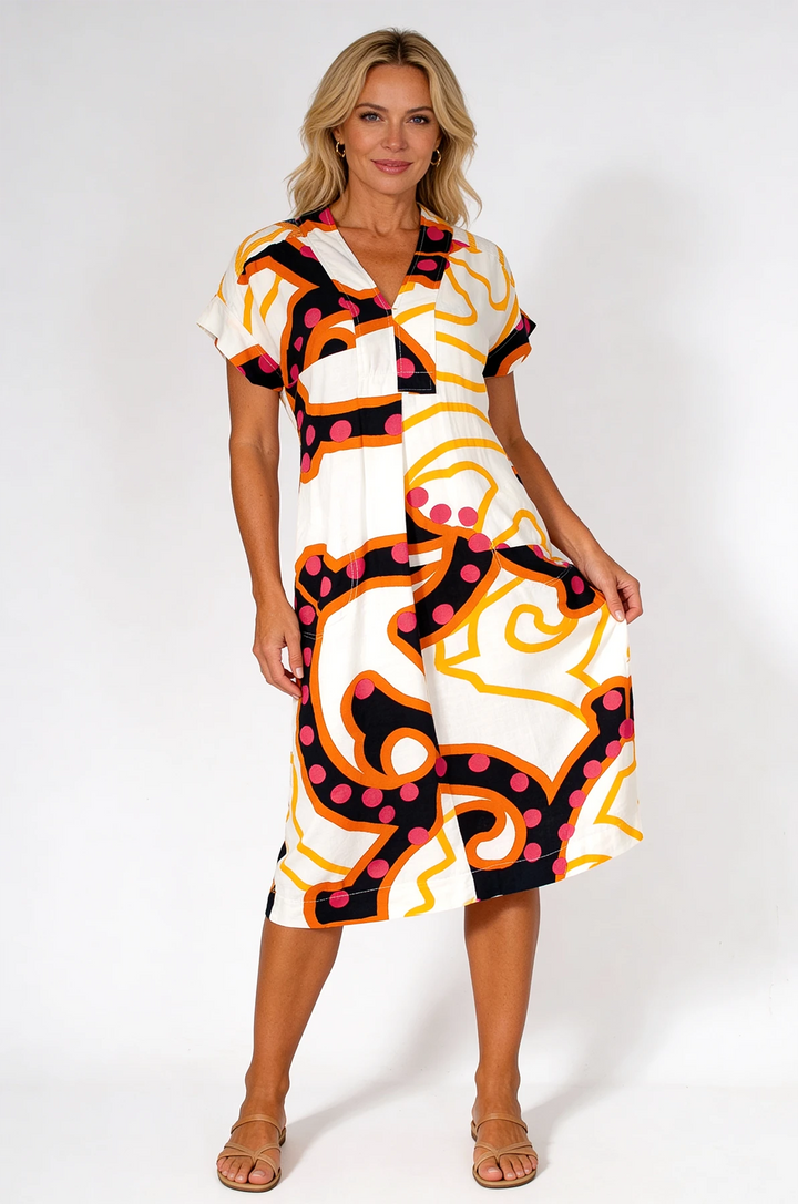 Marianne Linen Blend Dress Vibrant Abstract Print