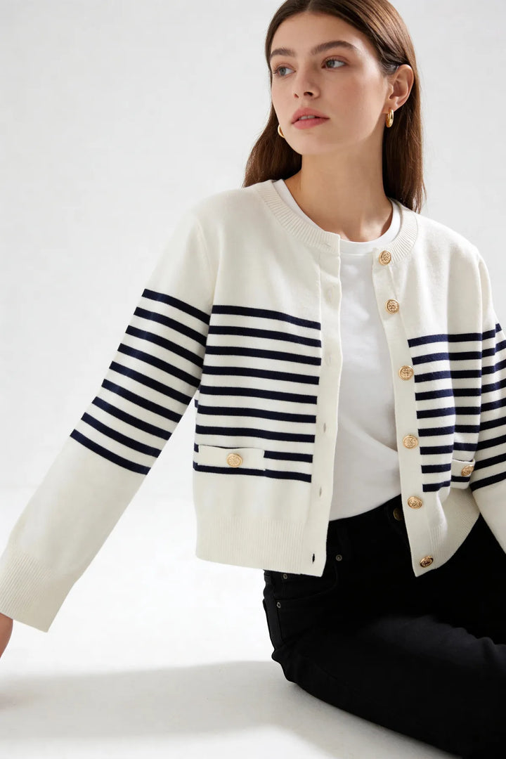 Cream Navy Striped Cardigan