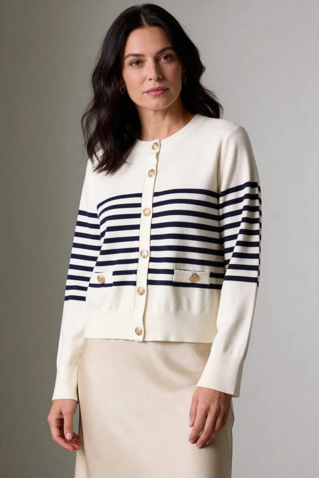 Cream Navy Striped Cardigan