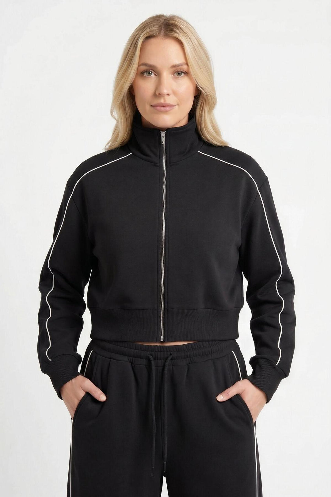 Black Contrast Piped Tracksuit Set