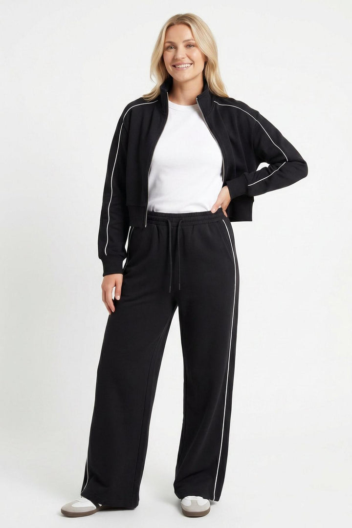 Black Contrast Piped Tracksuit Set