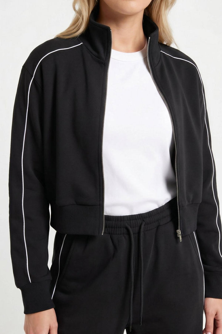 Black Contrast Piped Tracksuit Set