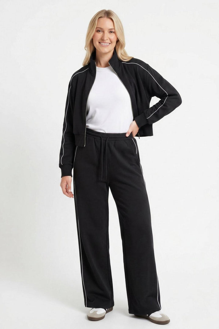 Black Contrast Piped Tracksuit Set
