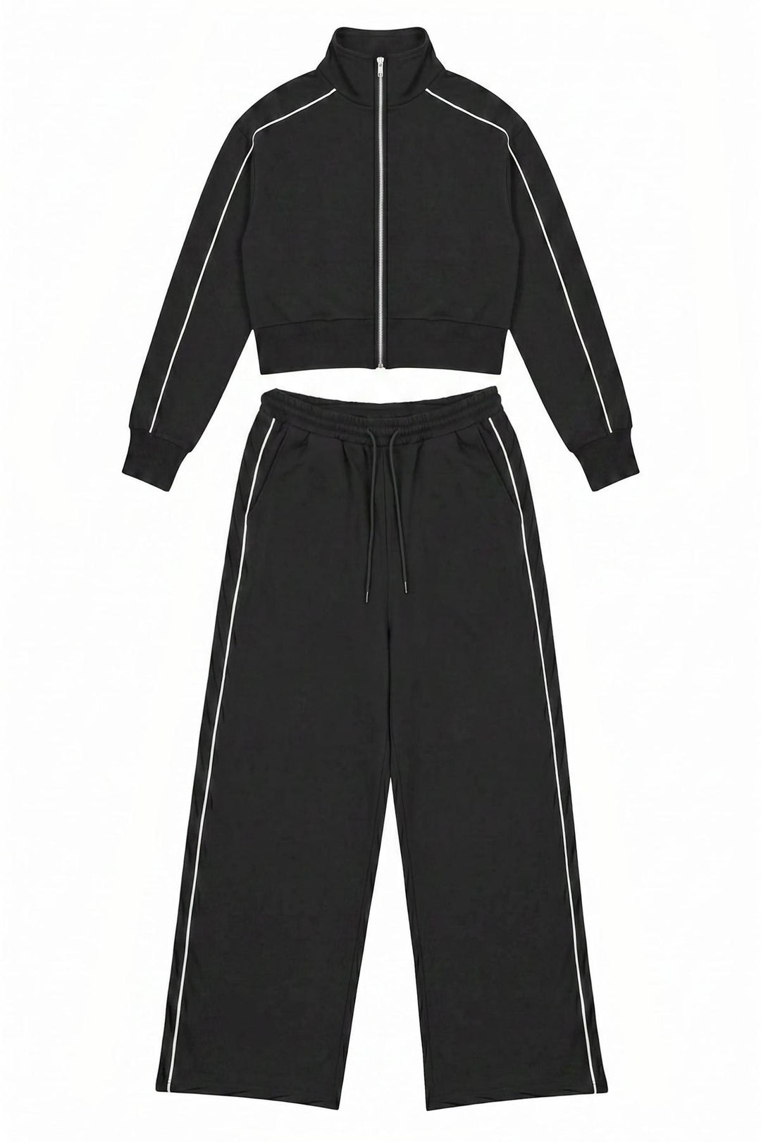 Black Contrast Piped Tracksuit Set