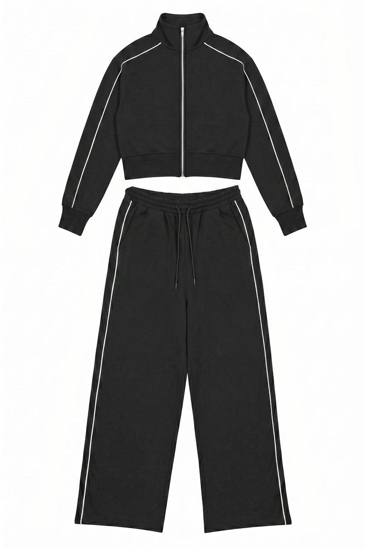 Black Contrast Piped Tracksuit Set