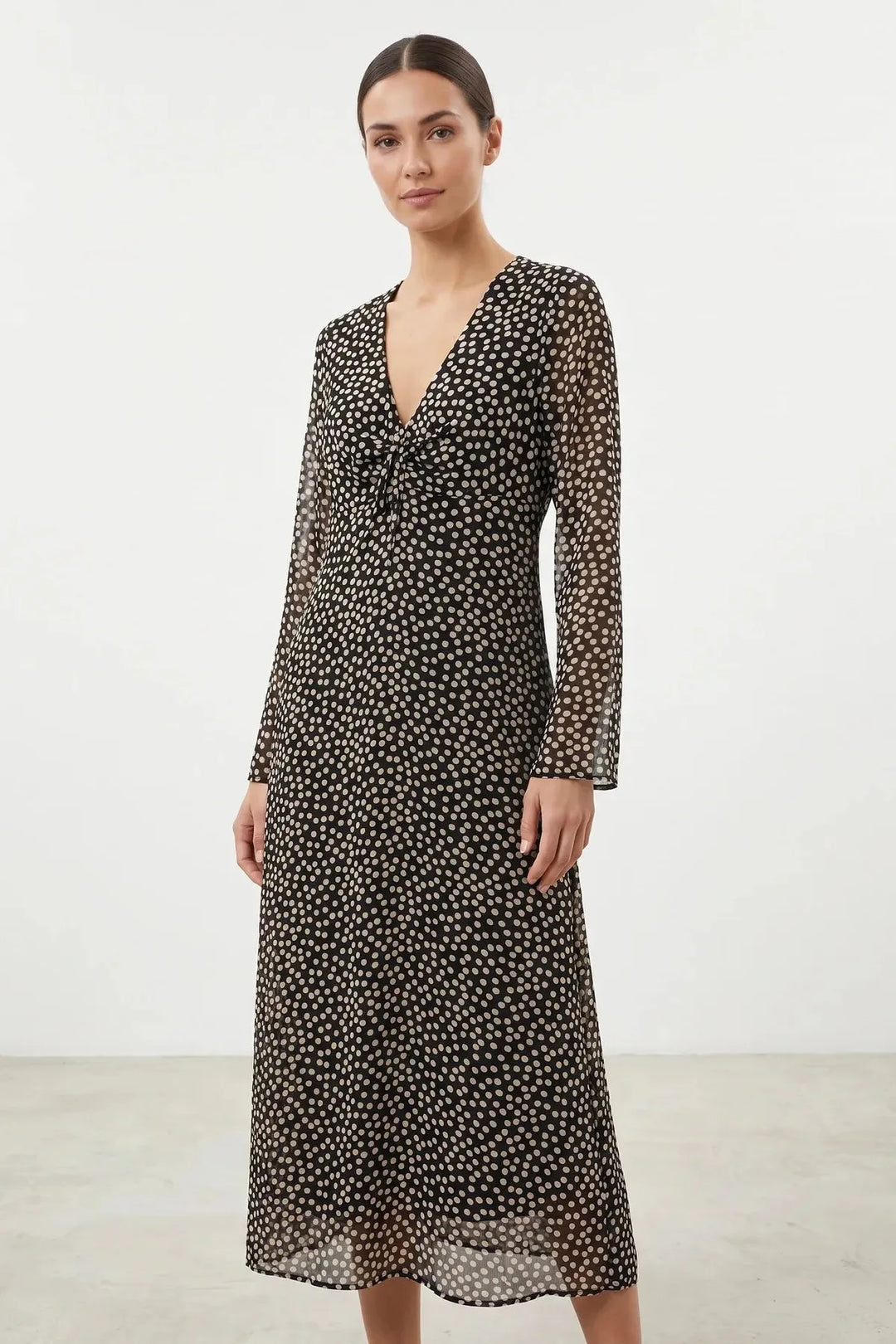 Black Polka Dot Midi Chiffon Dress