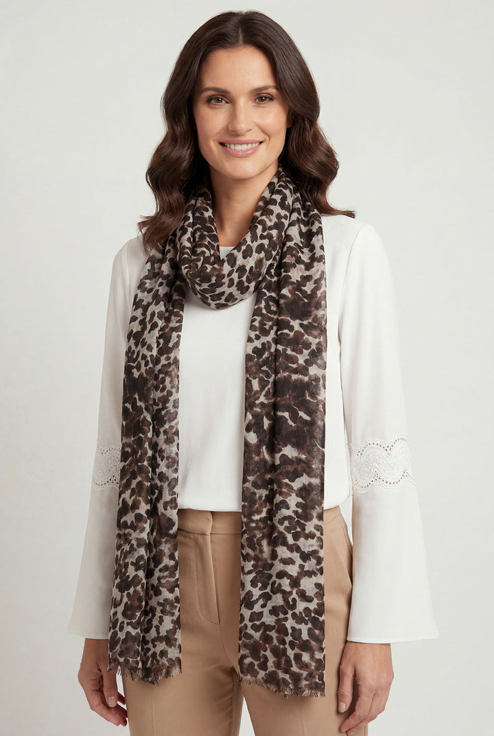 Ivory Flare Sleeve Top with Animal Print Scarf