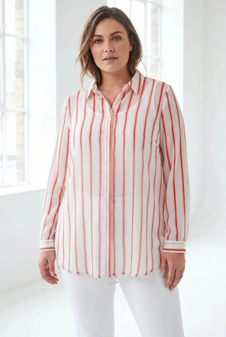 Red Stripe Chiffon Longline Shirt