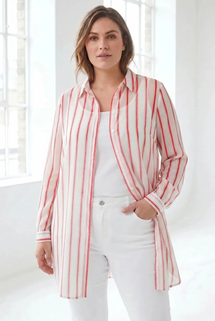 Red Stripe Chiffon Longline Shirt
