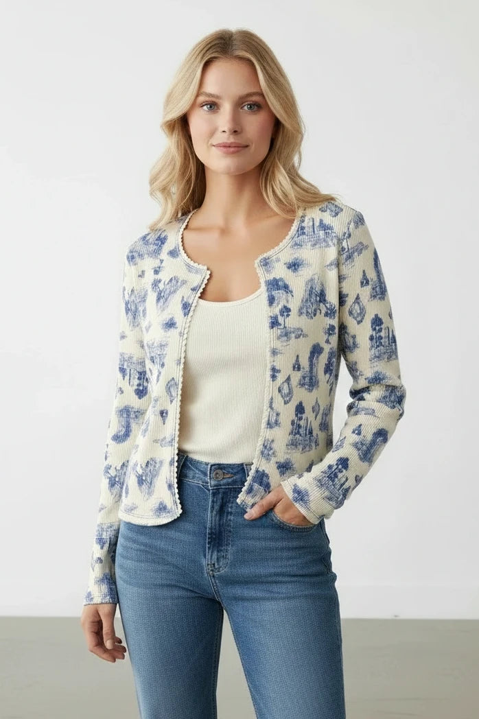 Blue Ribbed Toile Print Jacket