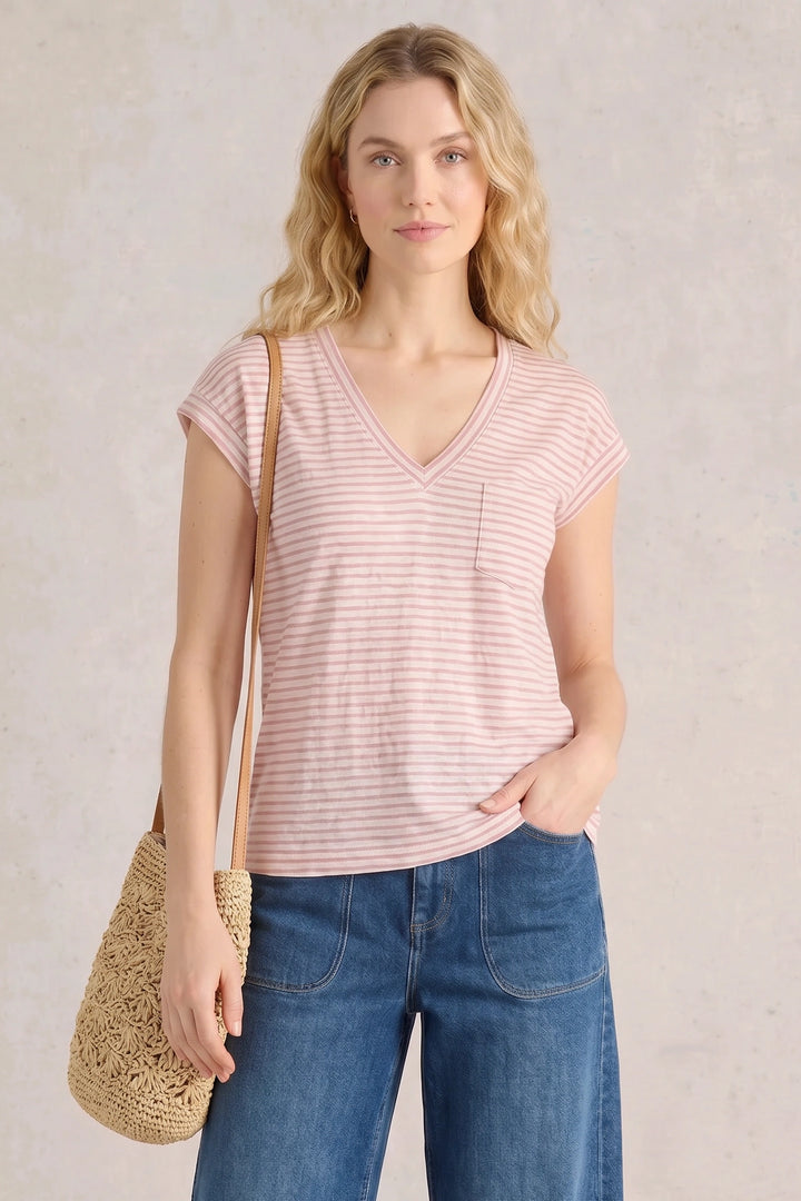 Linen Stripe Iris V Neck Tee