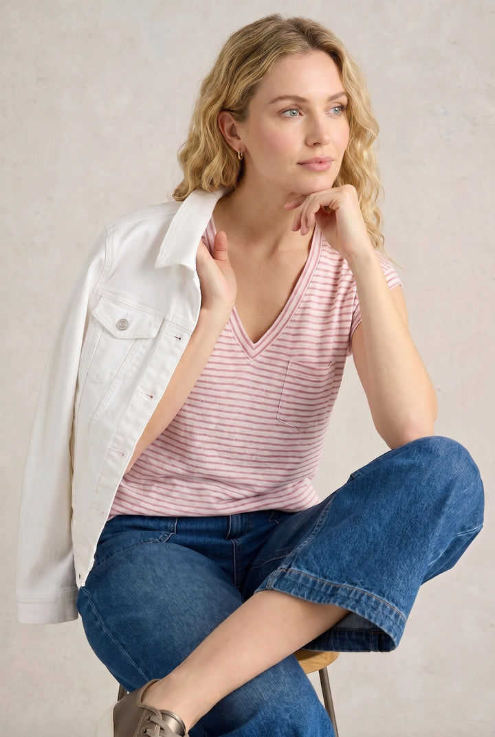 Linen Stripe Iris V Neck Tee