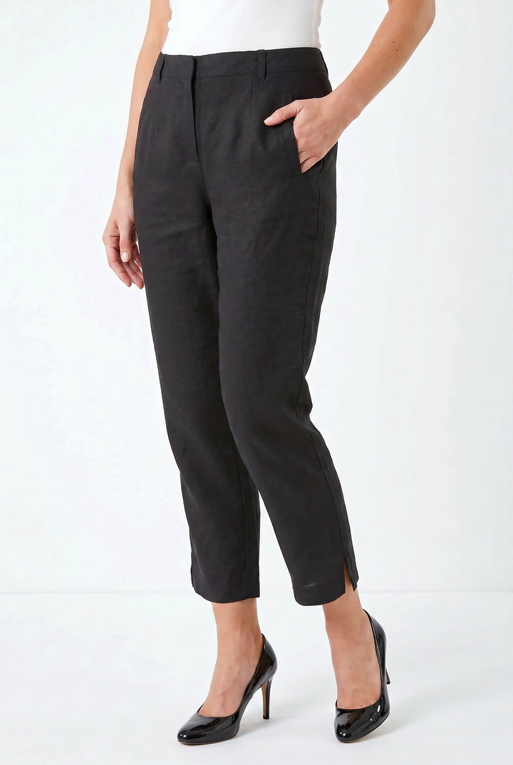Black Pure Linen Cropped Trousers
