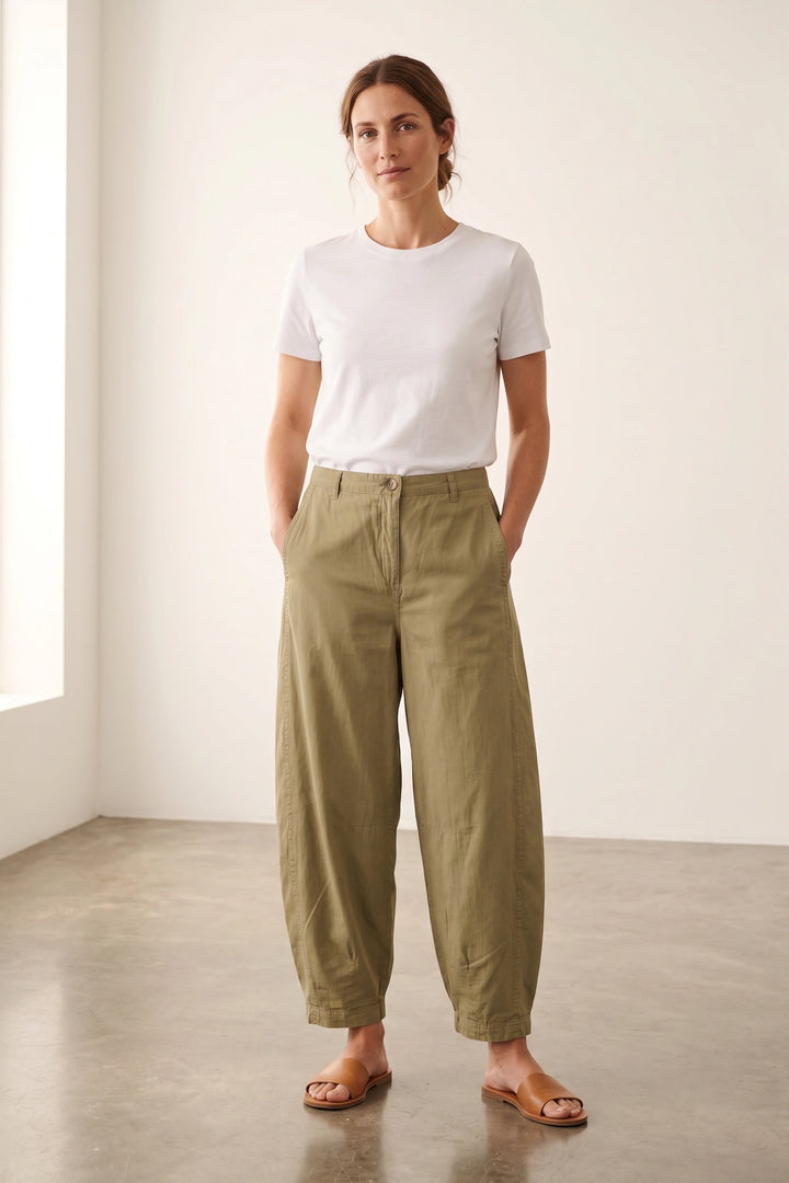 Linen Blend Barrel Leg Trousers