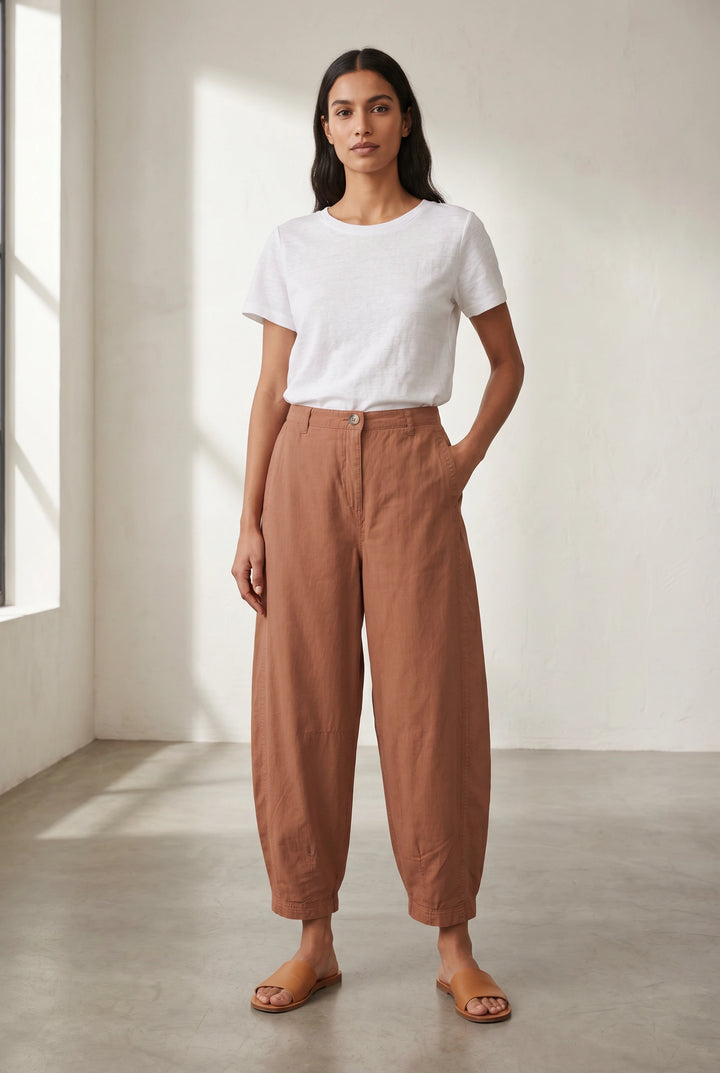 Linen Blend Barrel Leg Trousers