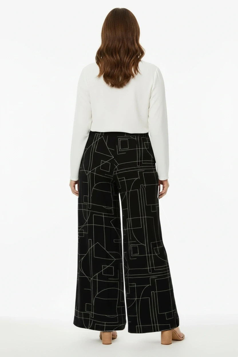 Black Geometric Print Wide Leg Trousers