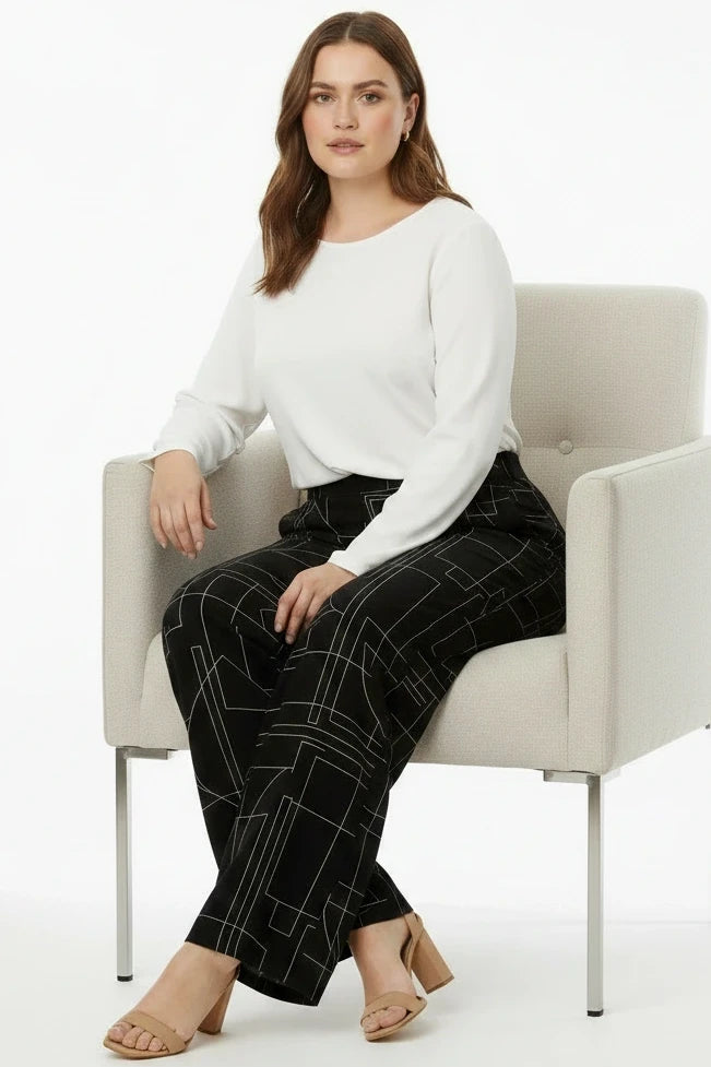 Black Geometric Print Wide Leg Trousers