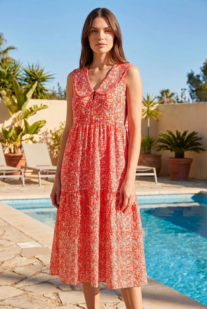 Red Ditsy Floral V Neck Midi Dress