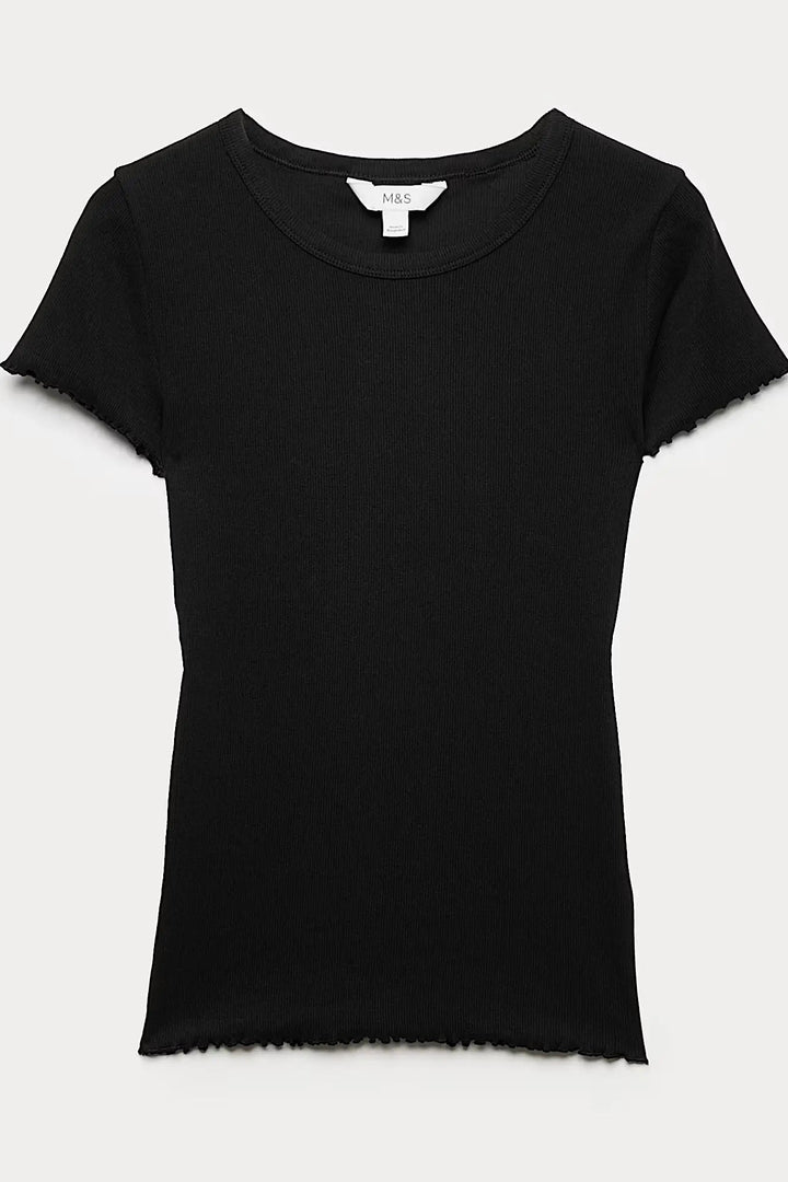 Cotton Ribbed Lettuce Edge T-Shirt