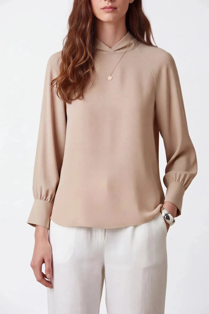 Beige silky high neck blouse