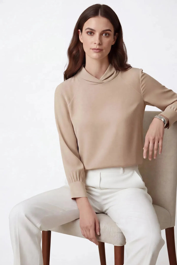 Beige silky high neck blouse