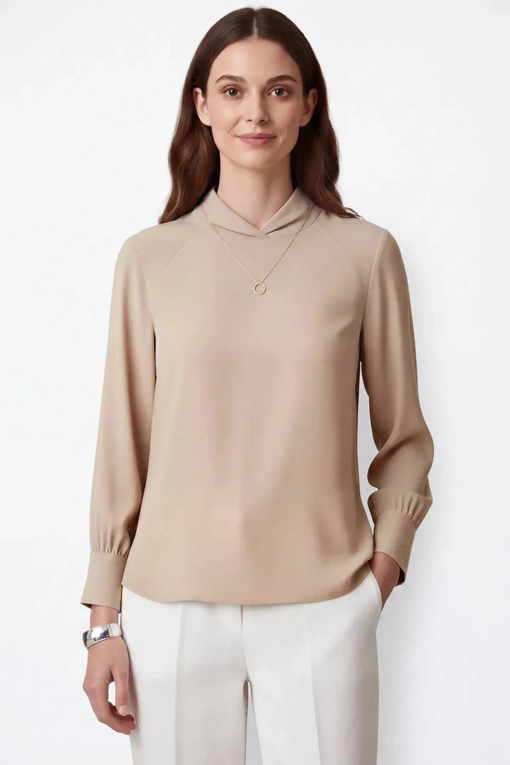 Beige silky high neck blouse