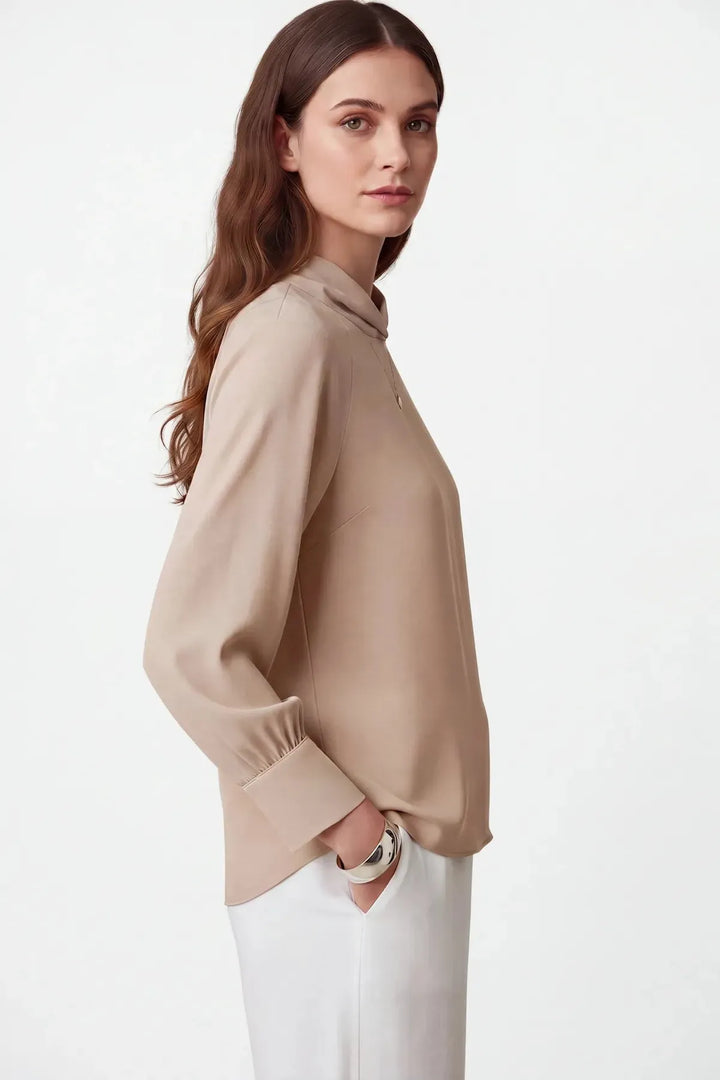 Beige silky high neck blouse