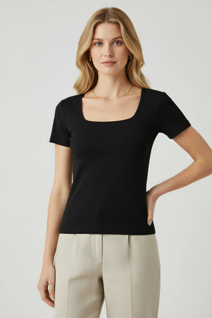 Black Scoop Neck Short Sleeve Top