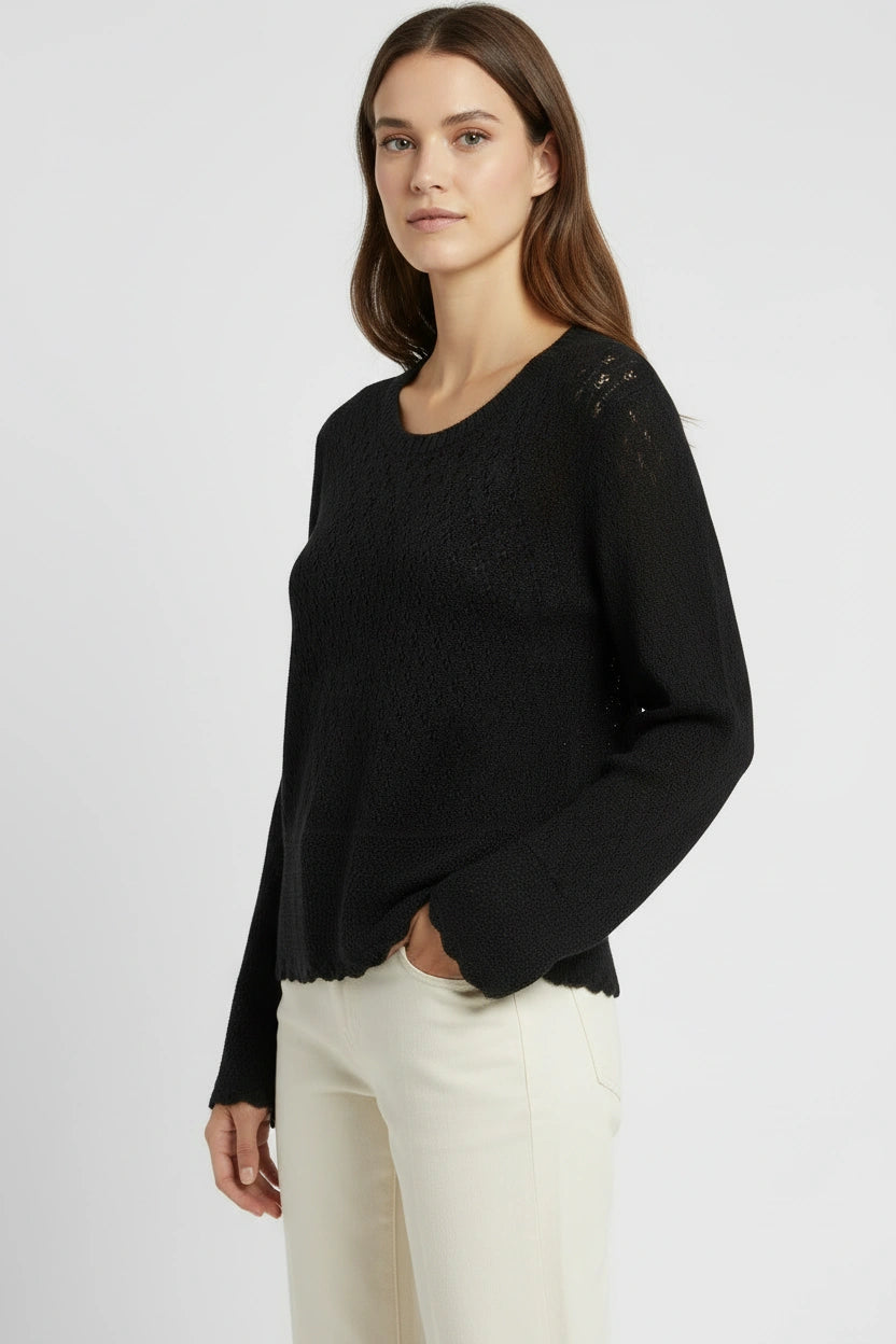 Pointelle Flare Sleeve Scallop Edge Jumper