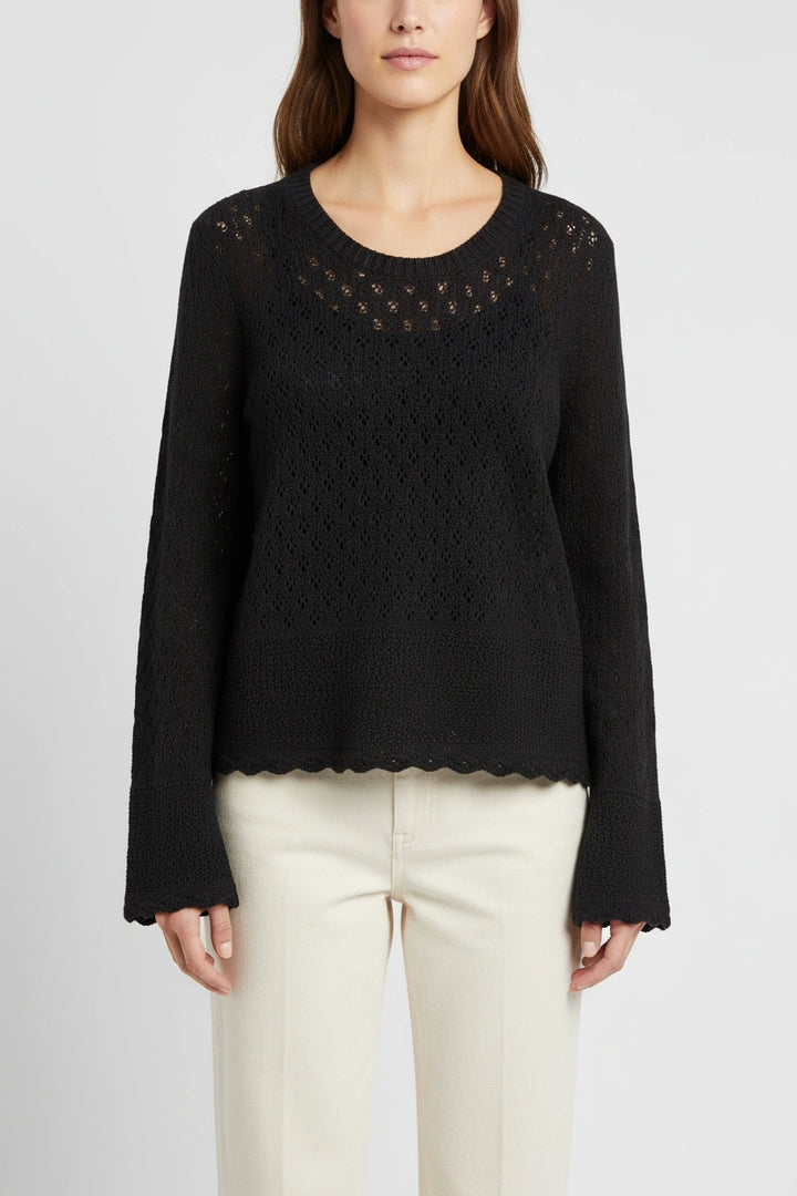 Pointelle Flare Sleeve Scallop Edge Jumper