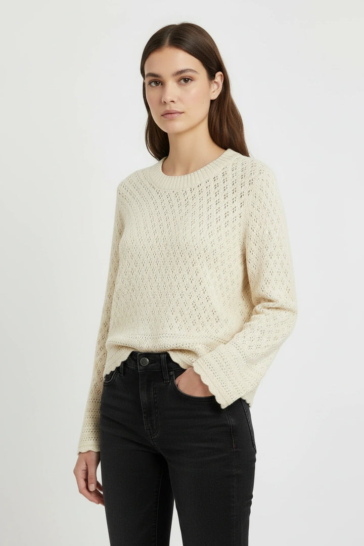 Pointelle Flare Sleeve Scallop Edge Jumper