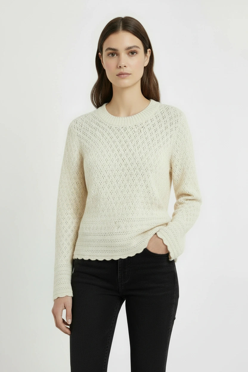 Pointelle Flare Sleeve Scallop Edge Jumper