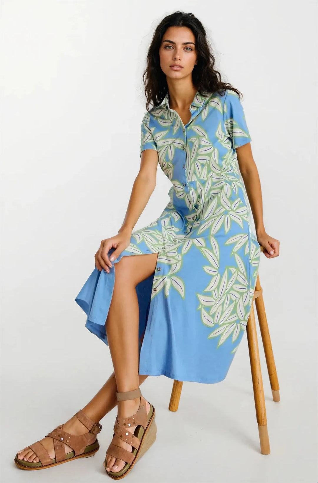 Blue Floral Short Sleeve Midi Shirt Dress-Secret Label