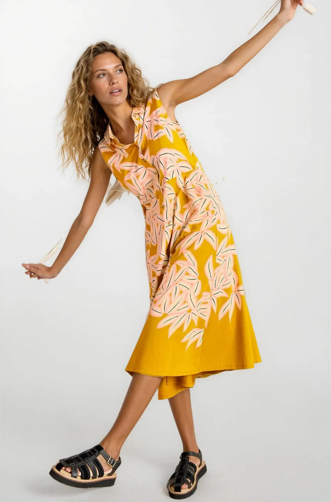 Ochre Floral Sleeveless Midi Shirt Dress-Secret Label