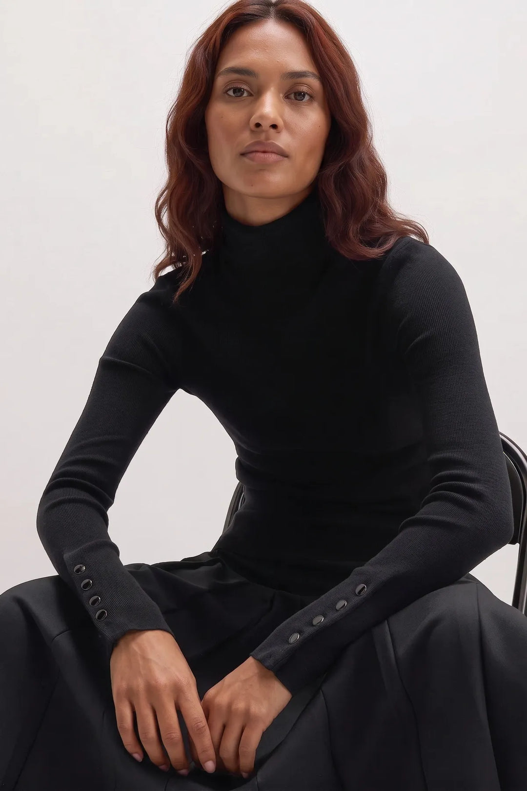 Fine Knit Roll Neck Button Cuff Jumper