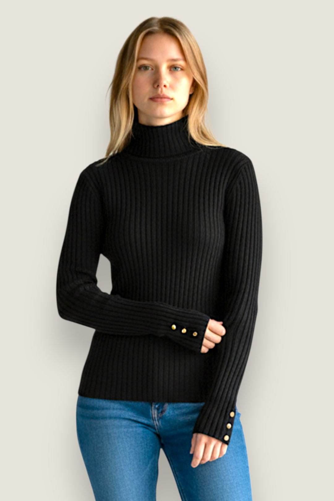Ribbed Button Cuff Roll Neck Jumper