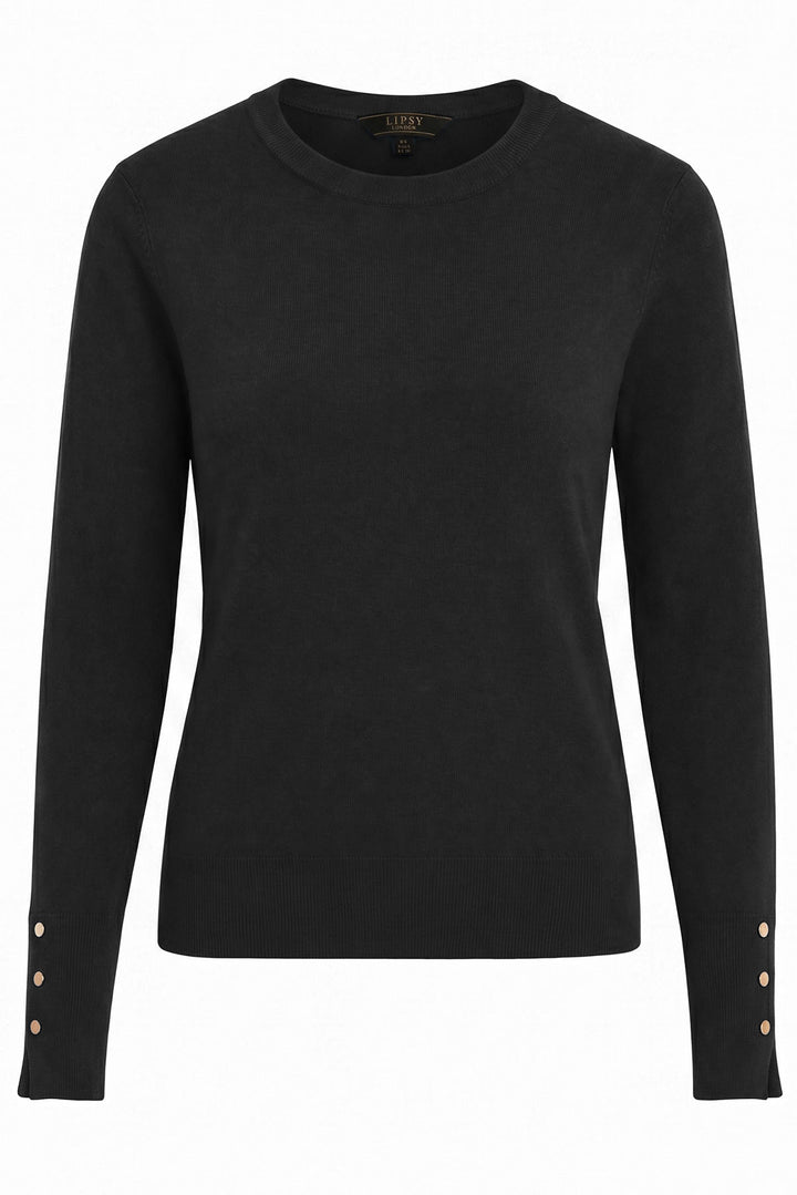Button Cuff Light Knit Crew Neck Jumper