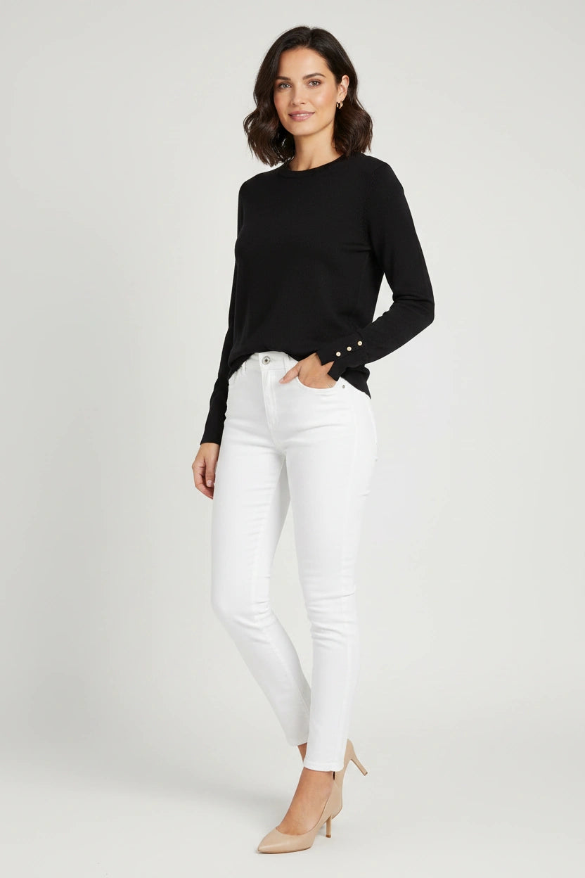 Button Cuff Light Knit Crew Neck Jumper