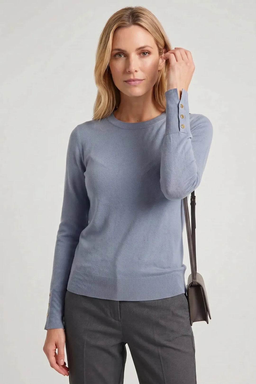 Button Cuff Light Knit Crew Neck Jumper