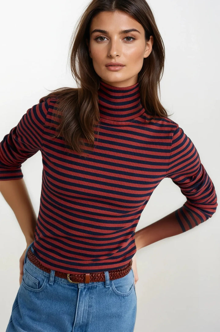 Striped Ribbed Roll Neck Top