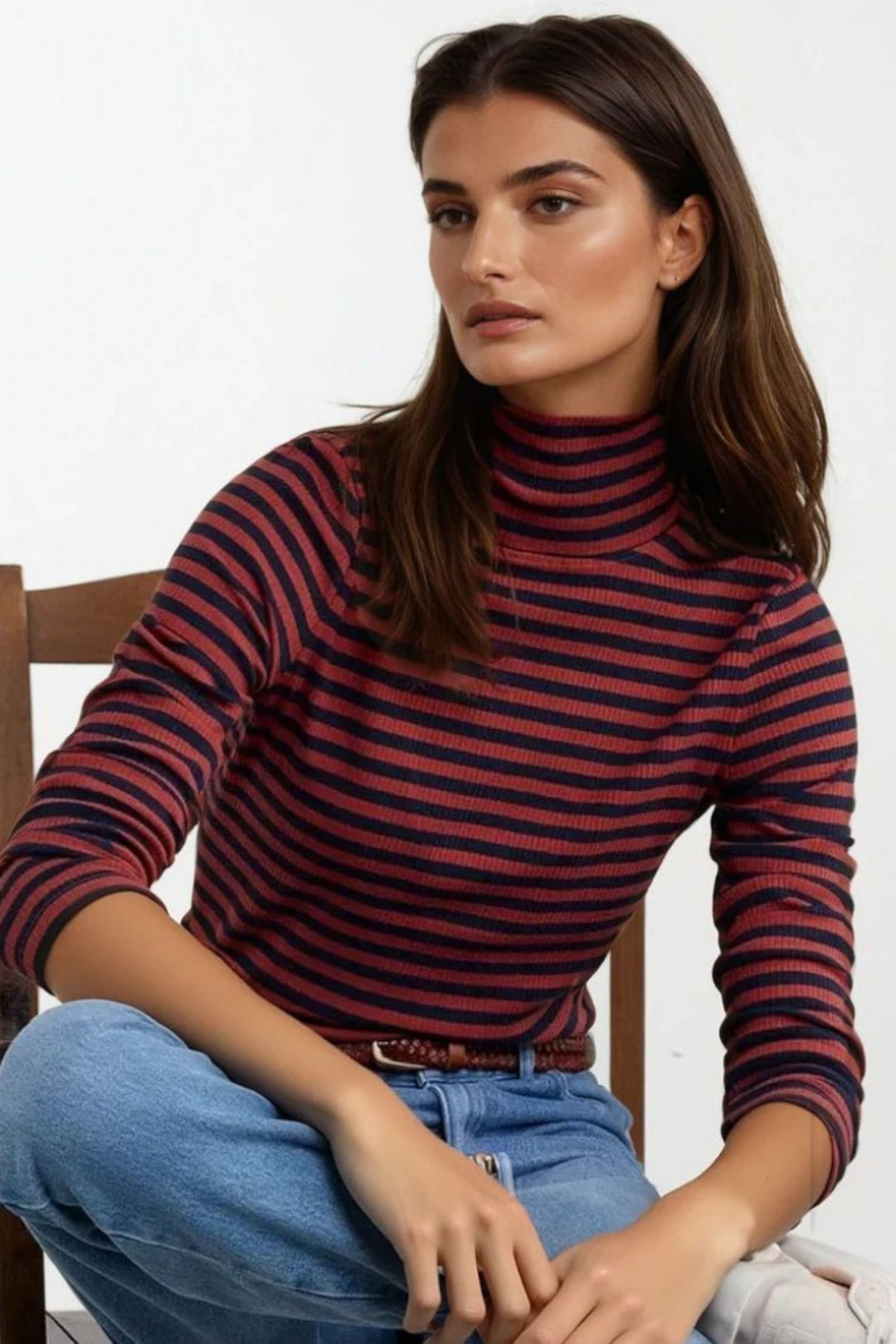 Striped Ribbed Roll Neck Top