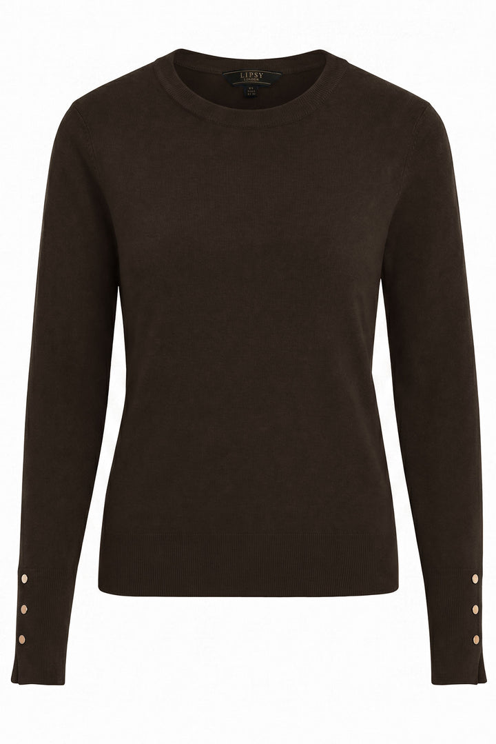 Button Cuff Light Knit Crew Neck Jumper