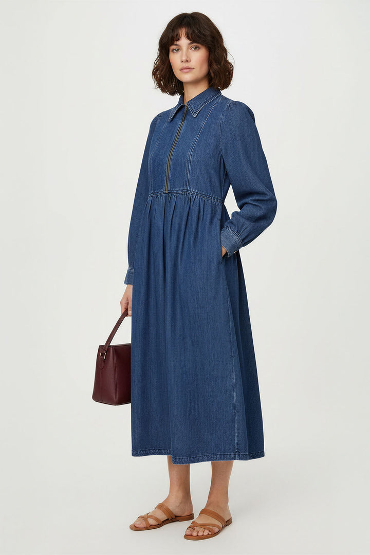 Zip Front High Waist Denim Dress
