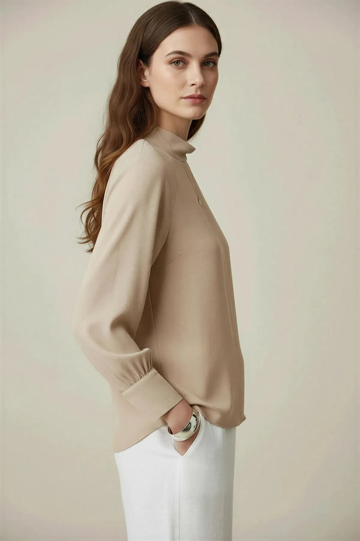 Beige silky high neck blouse
