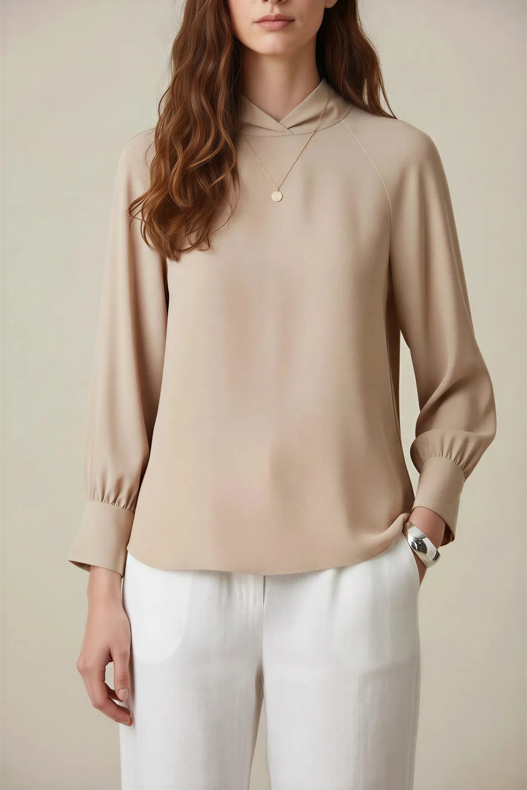 Beige silky high neck blouse