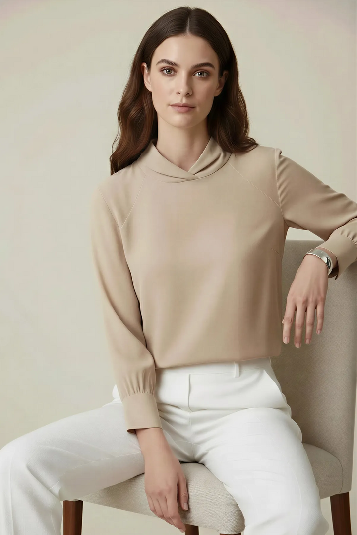 Beige silky high neck blouse