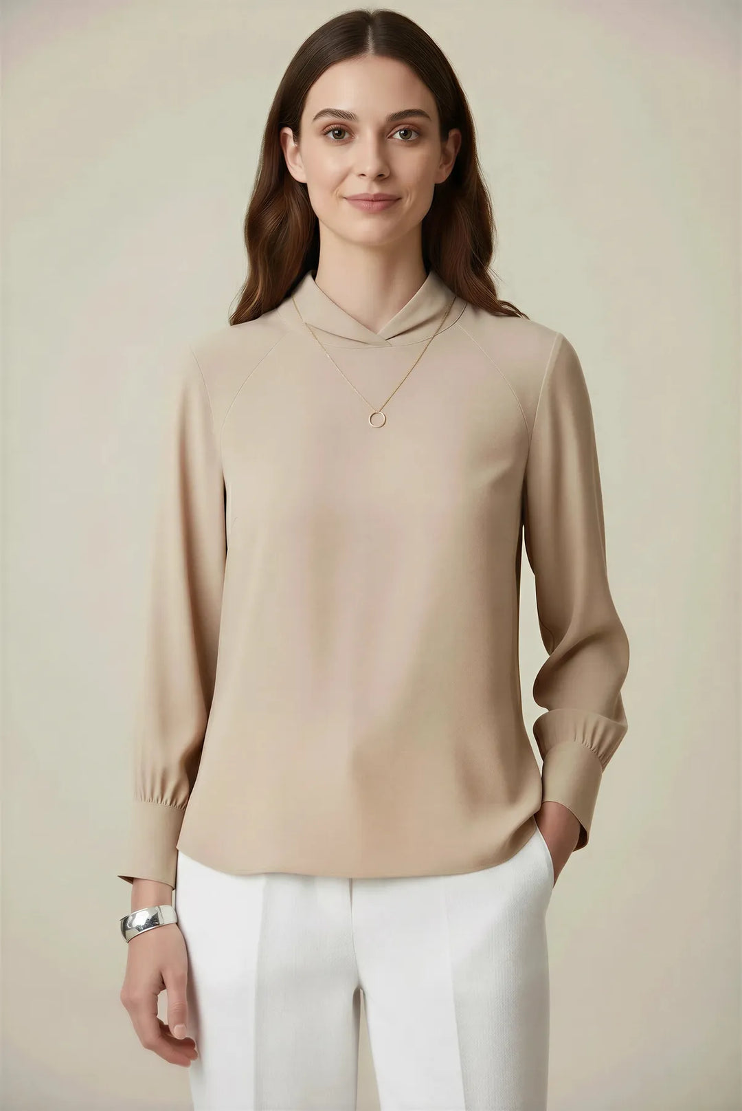 Beige silky high neck blouse