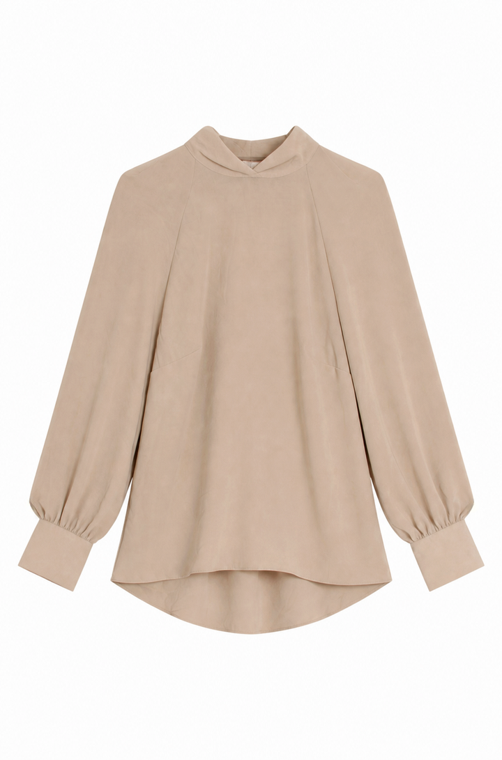 Beige silky high neck blouse